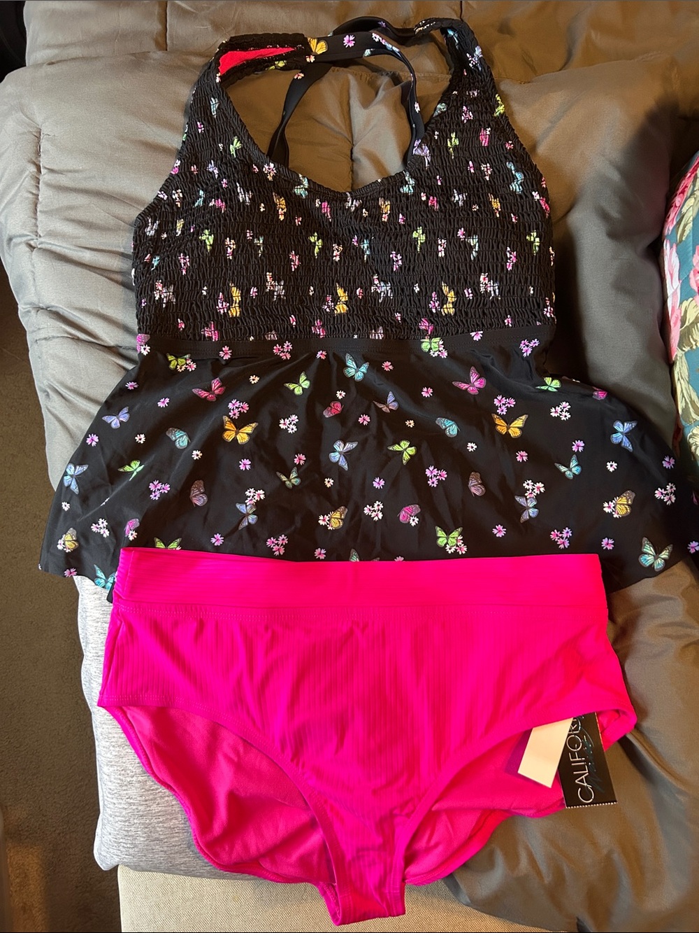 California Waves Black Butterfly Tankini with Hot Pink Bottoms